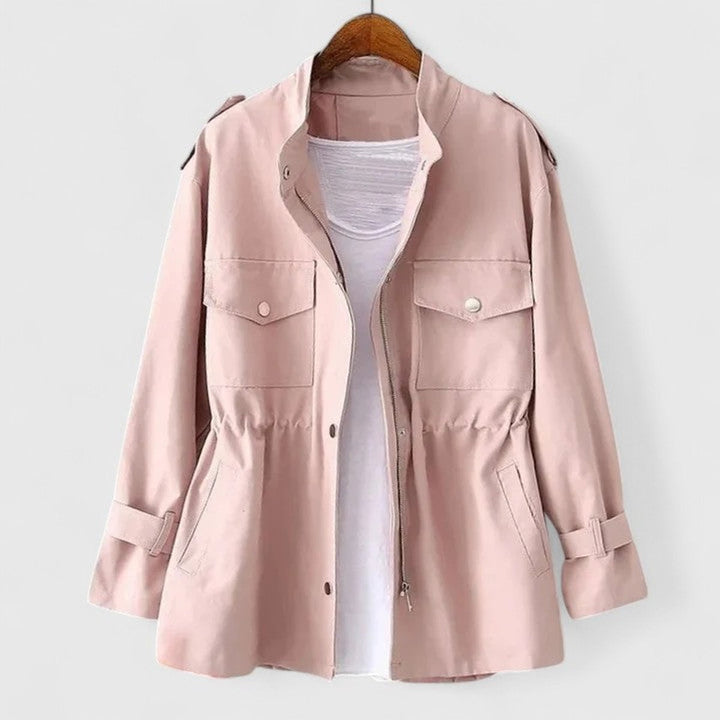 Pink utility jacket with button front, flap pockets, and tunnel-drawstring waist
