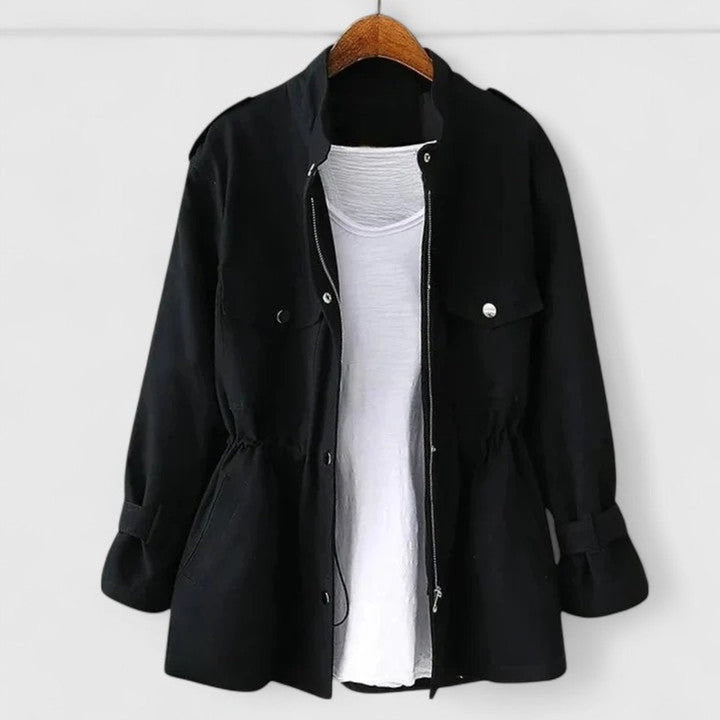 Black utility jacket with button front, flap pockets, and tunnel-drawstring waist