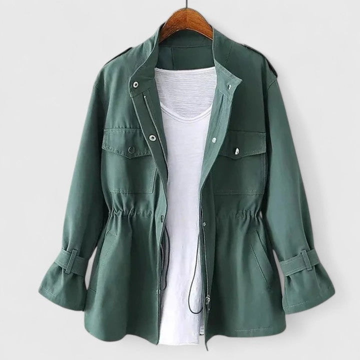 Green utility jacket with button front, flap pockets, and tunnel-drawstring waist