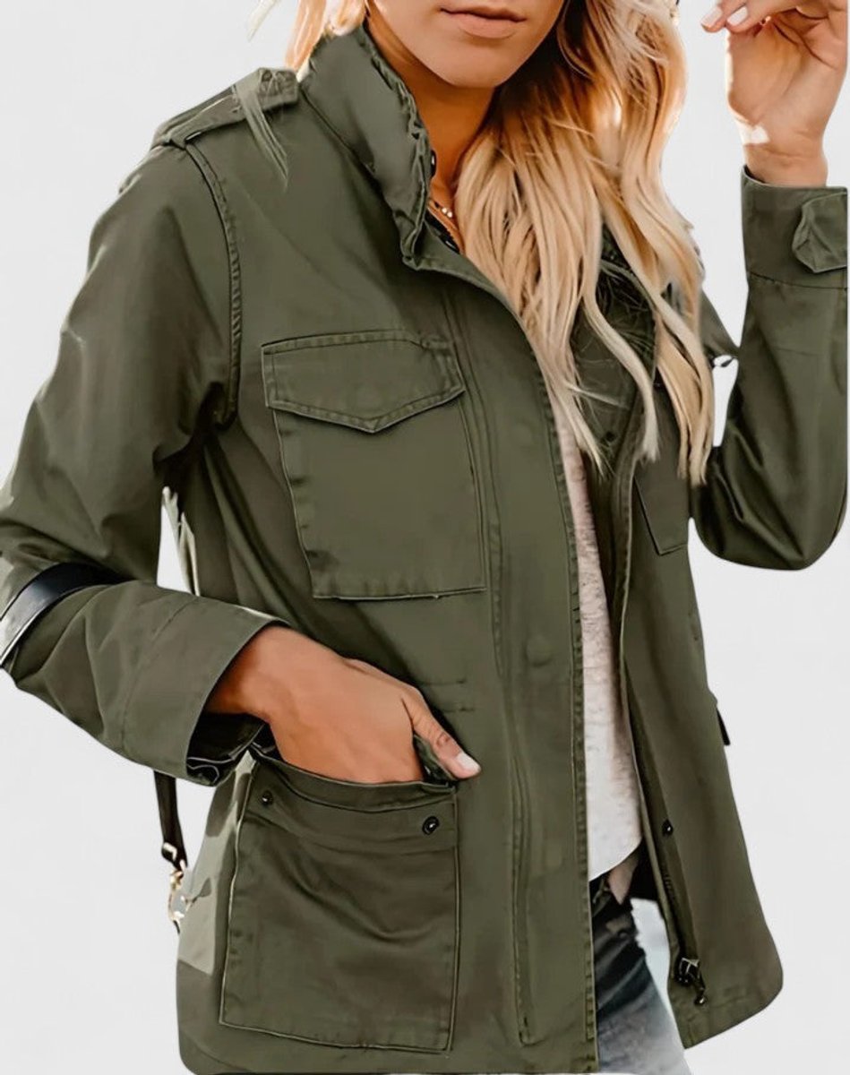 Olive utility jacket with snap front, large flap pockets, and adjustable waist drawcord
