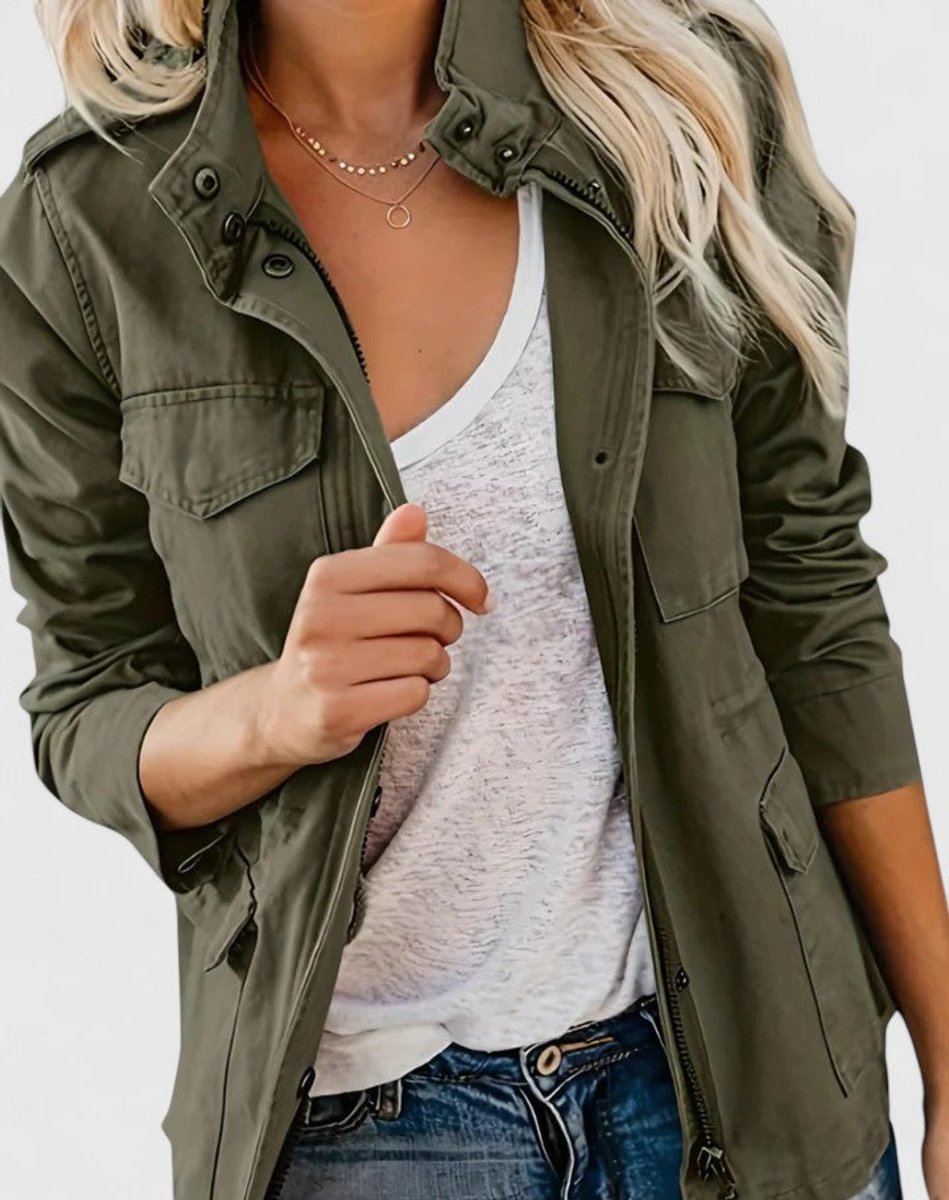 Olive green utility jacket with snap button front and chest flap pockets, adjustable waist