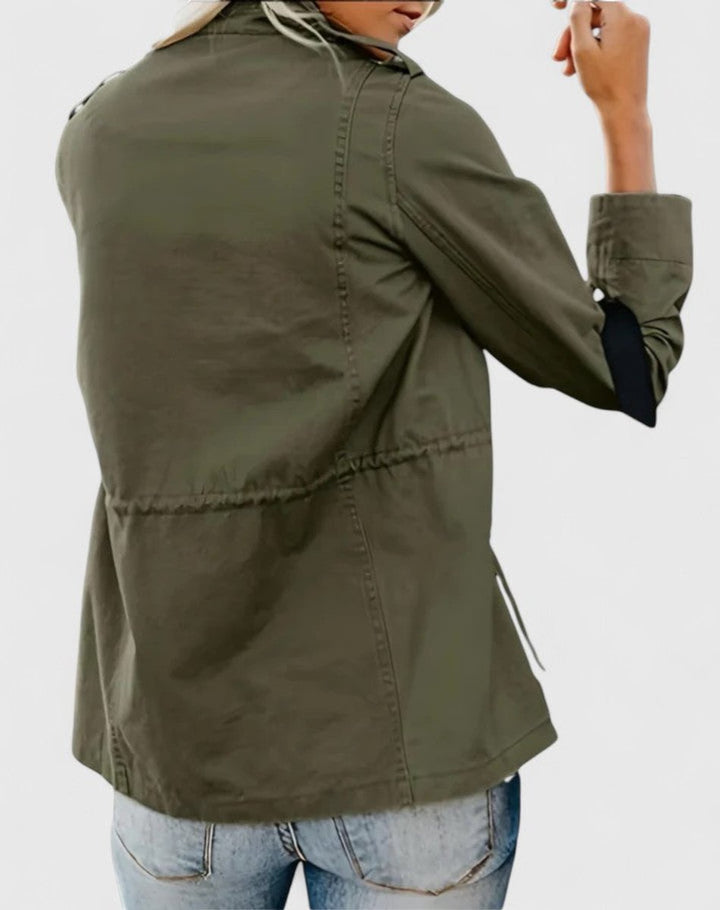 Dark olive utility jacket with snap front and long sleeves, adjustable waist drawcord