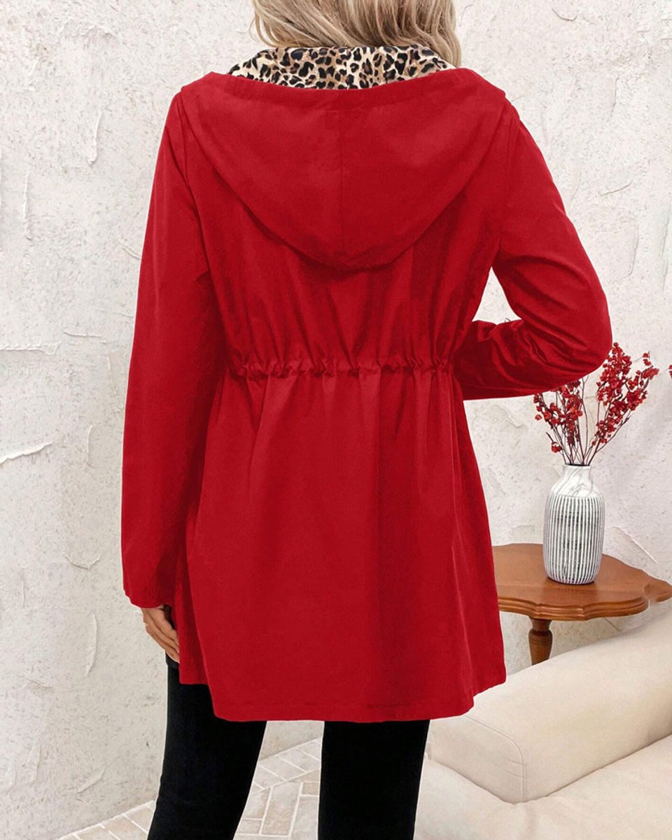 Reversible hooded zip jacket, back view in solid red with gathered waist.