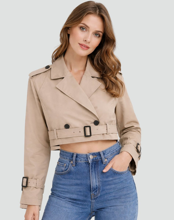 Beige short trench coat with belt, notched lapels and button front