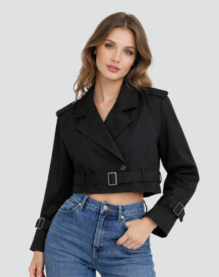 Black cropped trench coat with belt, wide lapels and button front