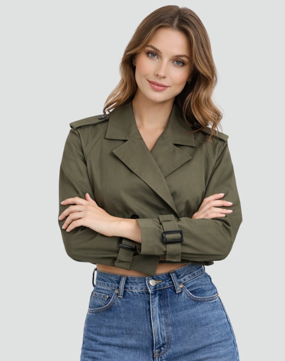 Olive short trench coat with belt and notched lapels, button front