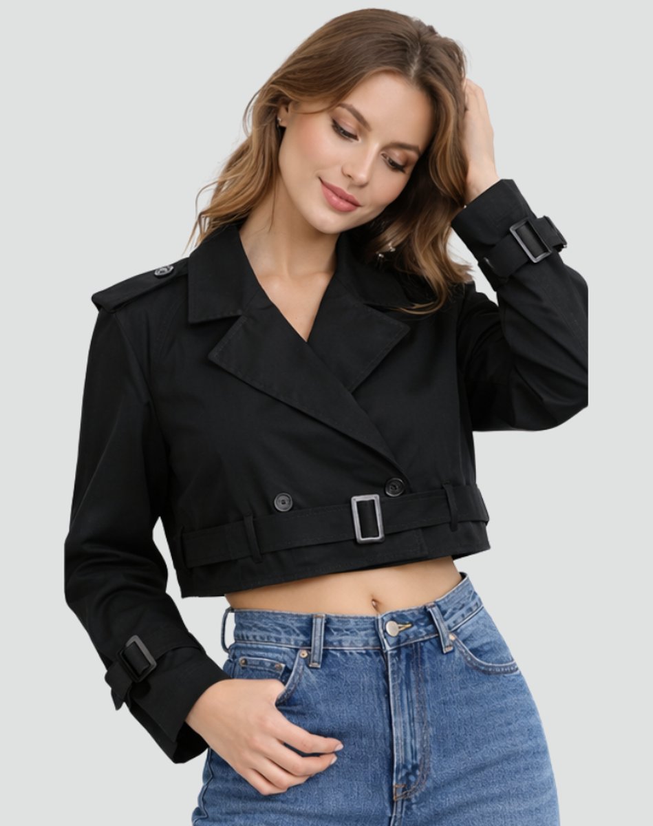 Black cropped trench coat with belt, notched lapels and button front