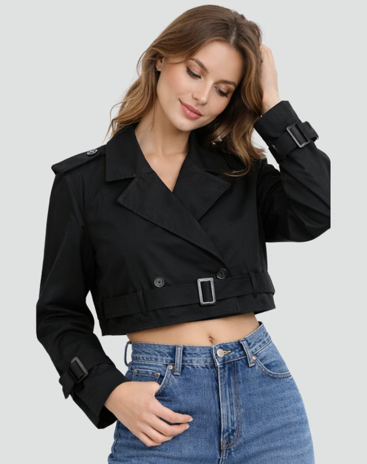Black cropped trench coat with belt, notched lapels and button front