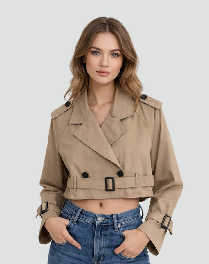 Tan short trench coat with belt, lapels and button front