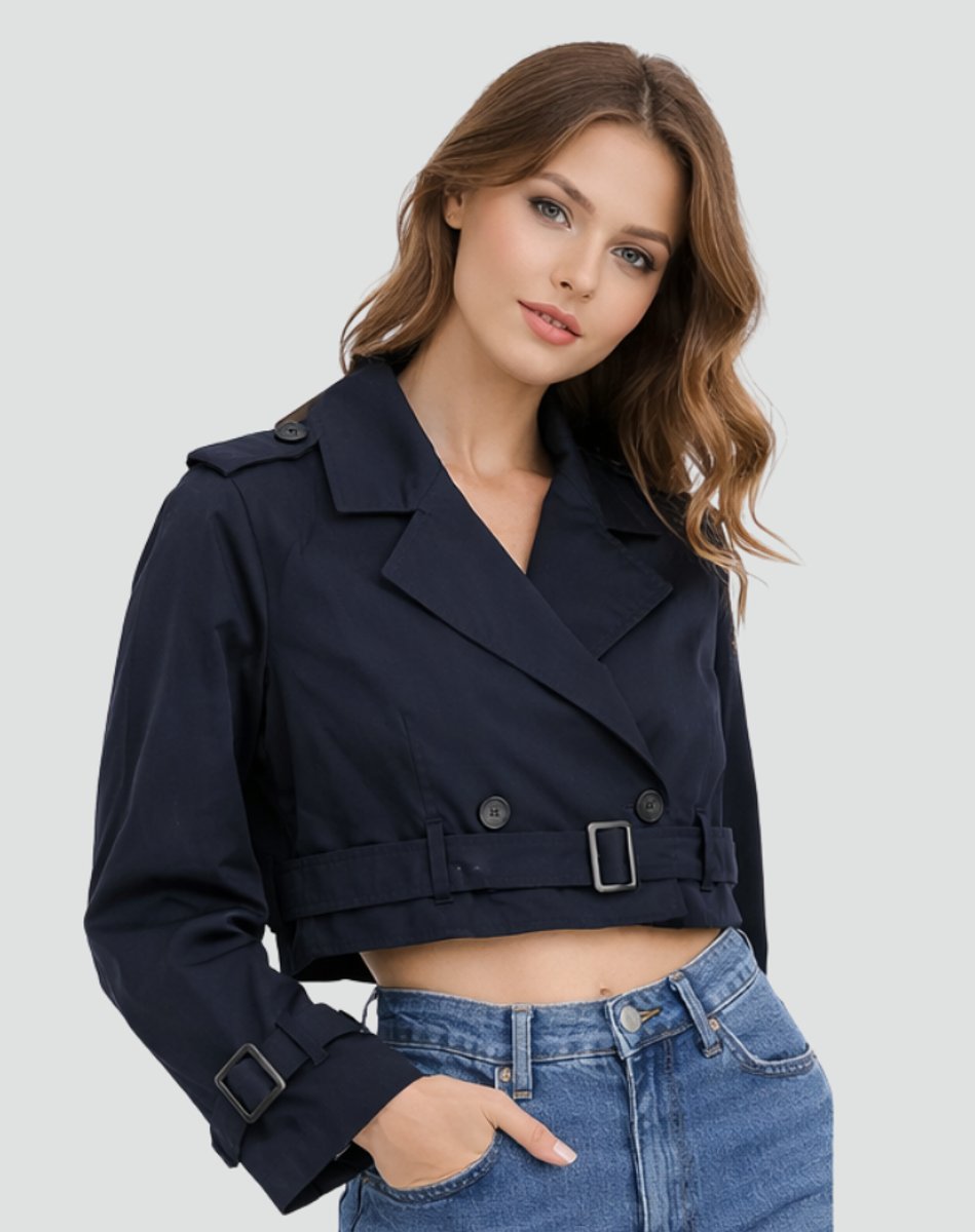 Navy cropped trench coat with belt, notched lapels and button front