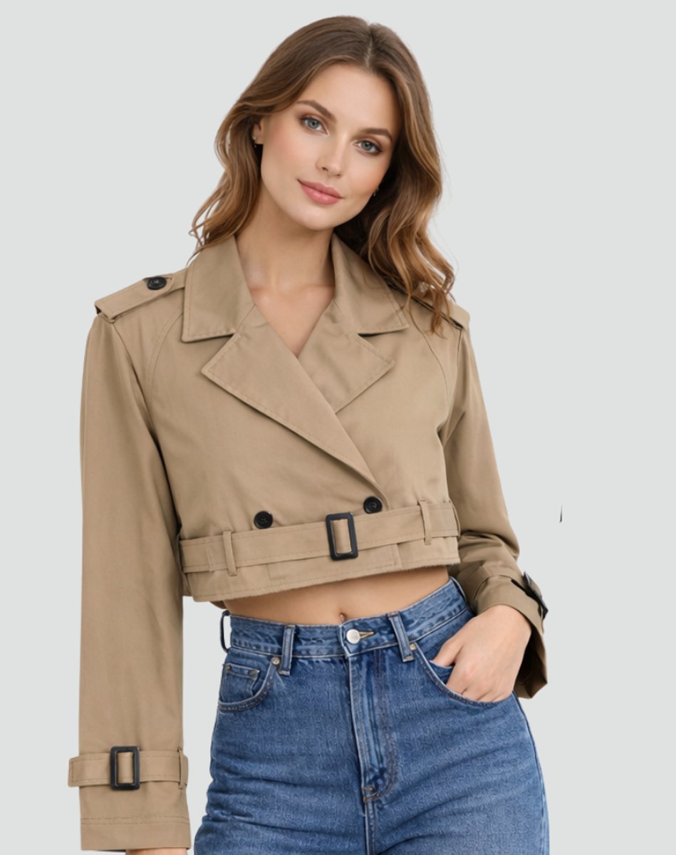 Khaki short trench coat with belt, lapels and button front