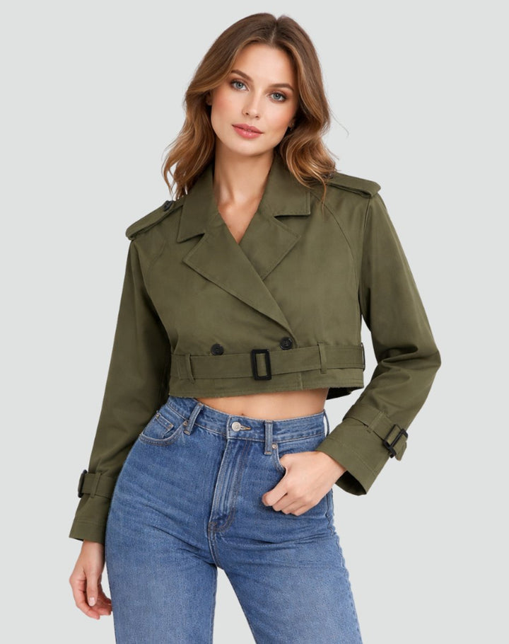 Olive short trench coat with belt, lapels and button front