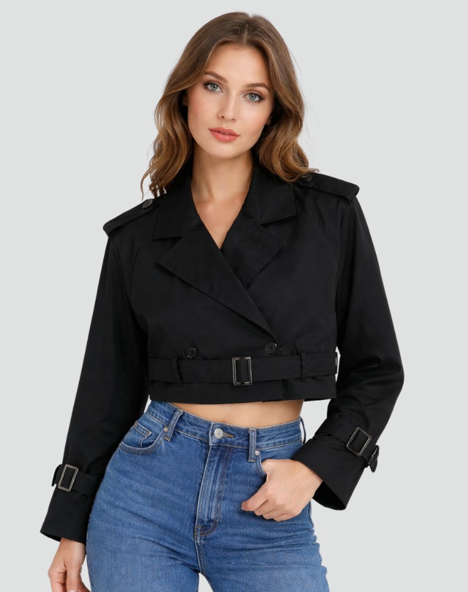 Black short trench coat with belt, lapels and button front