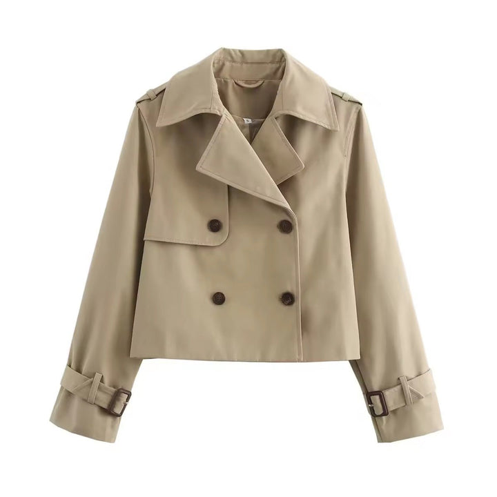 Short double-breasted trench coat in beige with wide lapels and button front