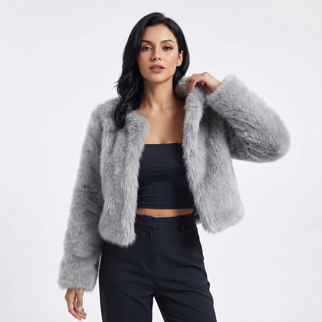 Gray soft short faux-fur jacket with open front and long sleeves