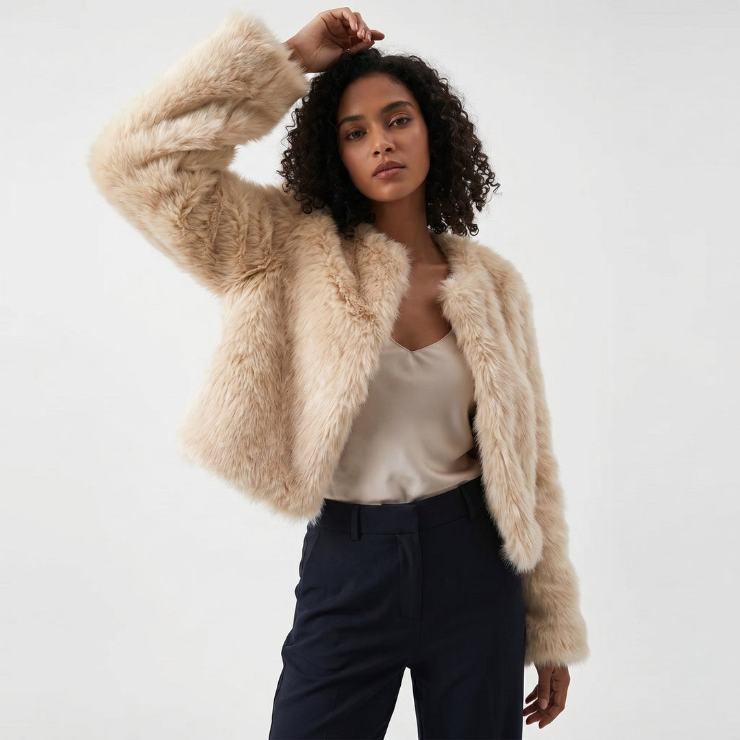 Beige soft short faux-fur jacket with open front and long sleeves