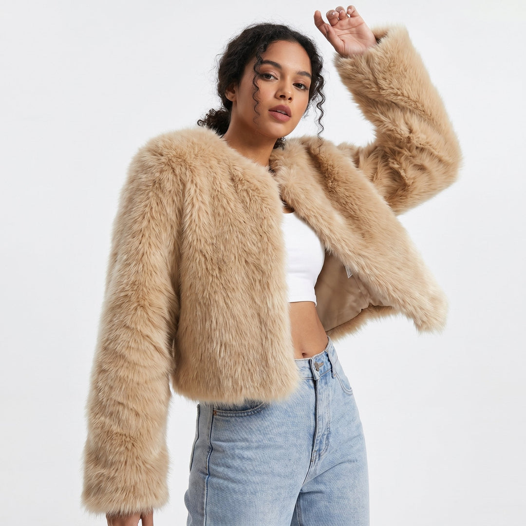 Light tan soft short faux-fur jacket with open front and long sleeves