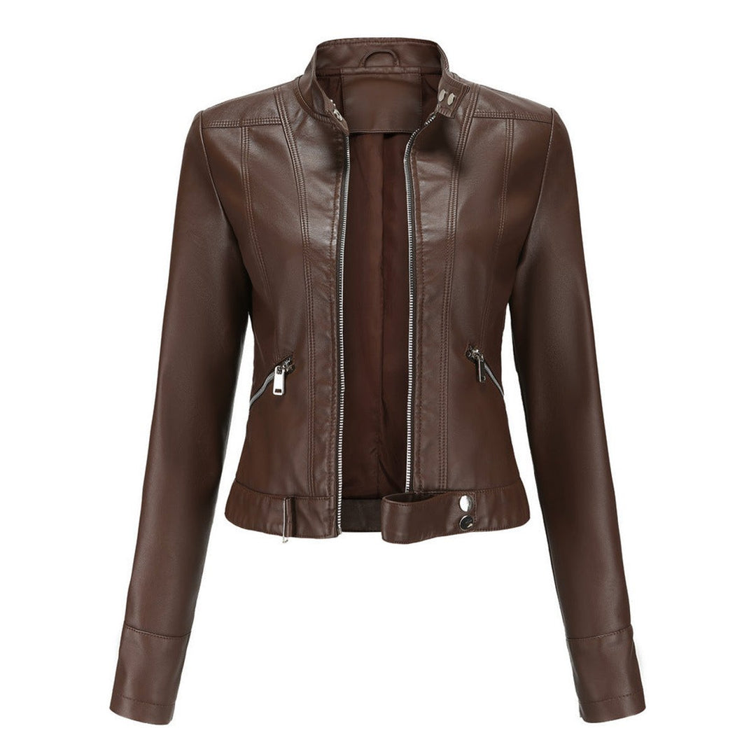 Brown short biker jacket with stand collar, front zip, zip pockets, snap button cuff