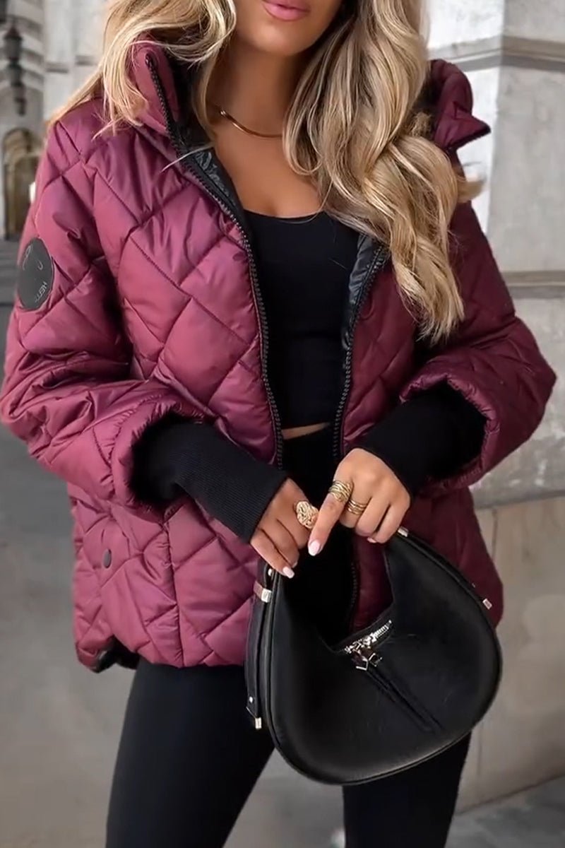 Quilted hooded puffer jacket, wine red, full zip with black trim and front pockets