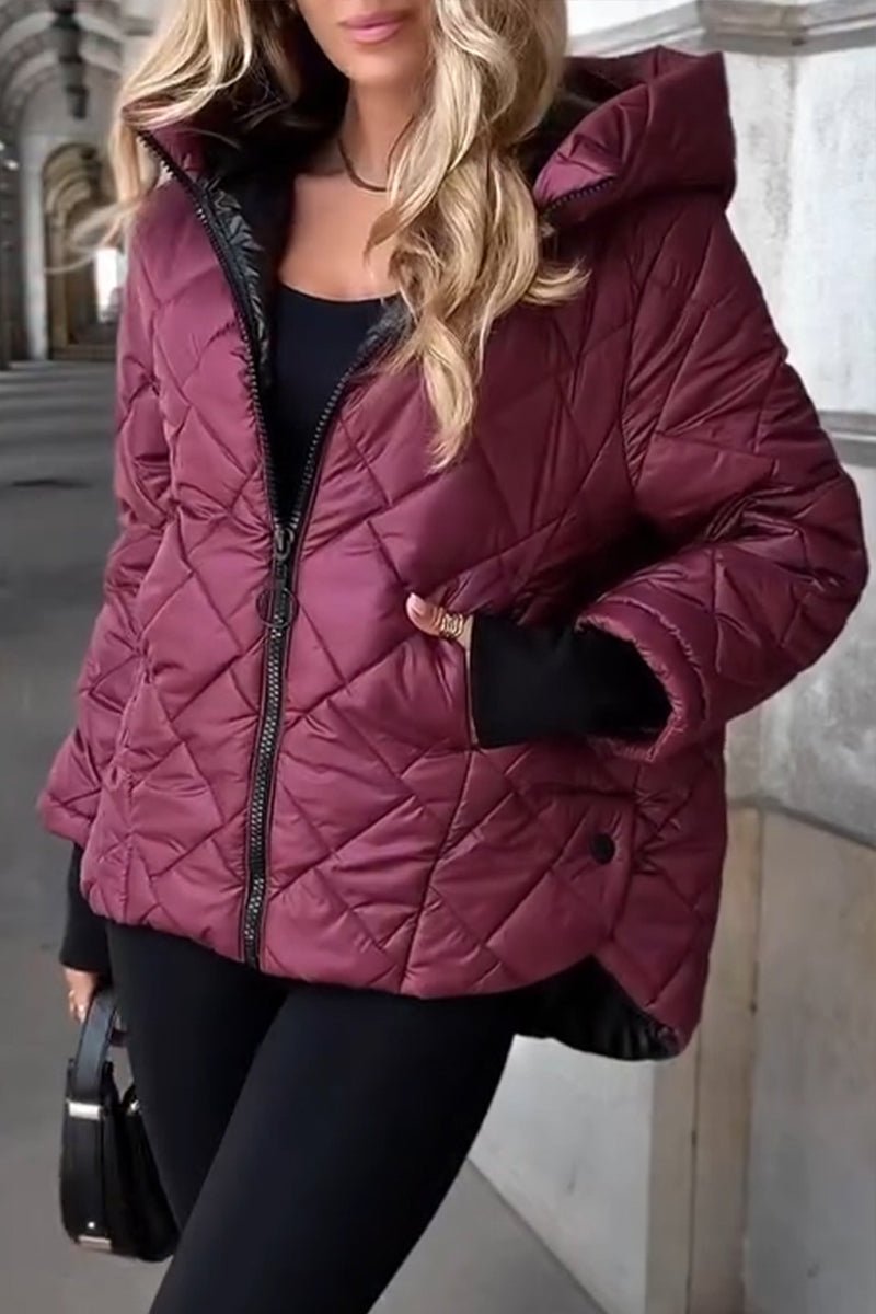 Quilted hooded puffer jacket in wine red, full zip, diamond quilting, front pockets