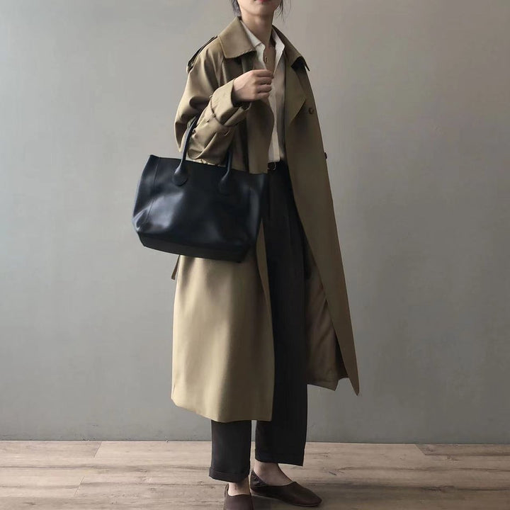 Long double-breasted trench coat, khaki, belted waist, flap pockets, button front