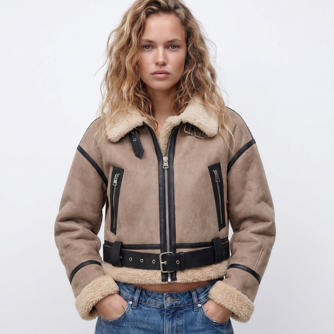 Kaki shearling-collared bomber jacket with front zip, black trim, and utility pockets