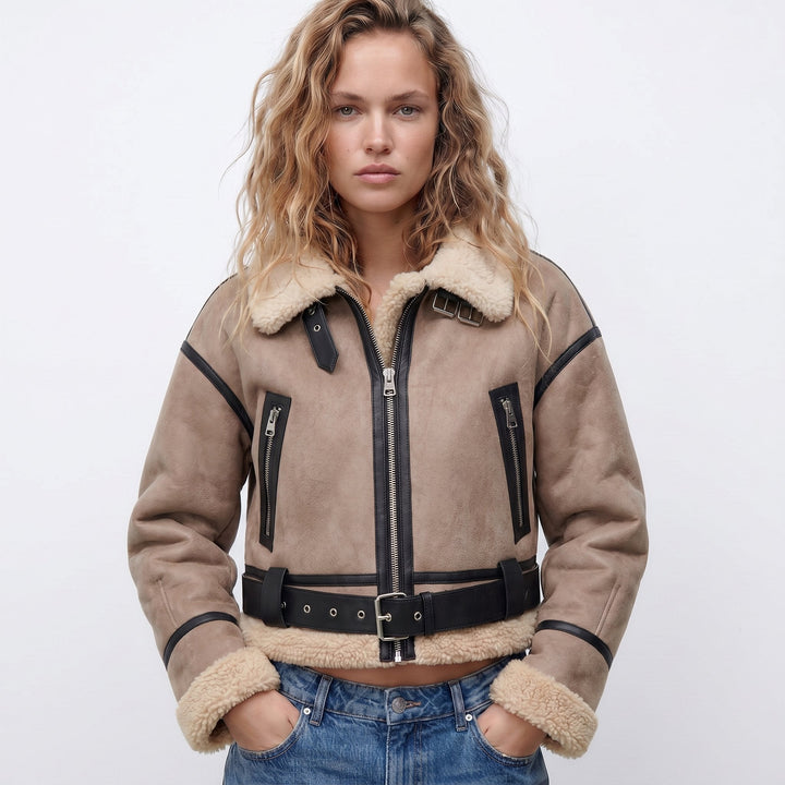 Kaki shearling-collared bomber jacket with front zip, black trim, and utility pockets