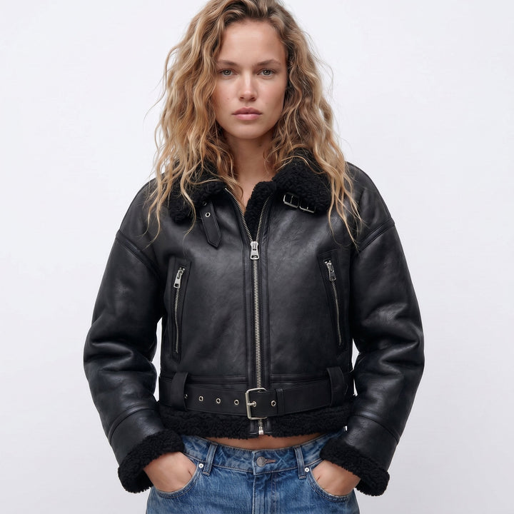 Black shearling-collared bomber jacket with front zip and dark utility pockets