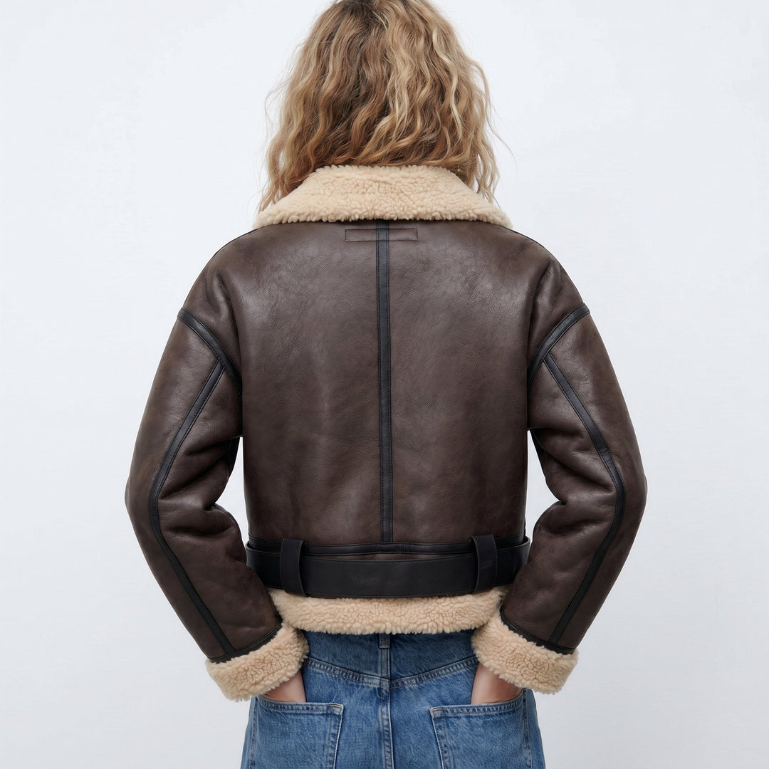 Back view of brown shearling-collared bomber jacket with front belt and zip