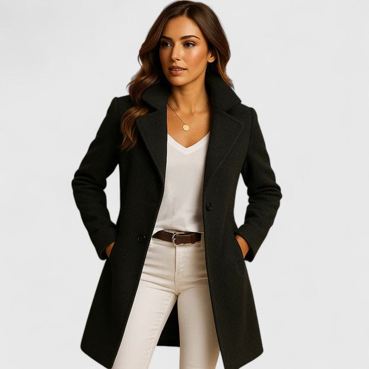 Black long wool coat with notch lapel, button front, and side pockets