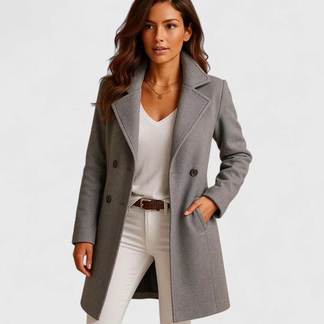 Gray long coat with notch lapel, button closures, and side pockets