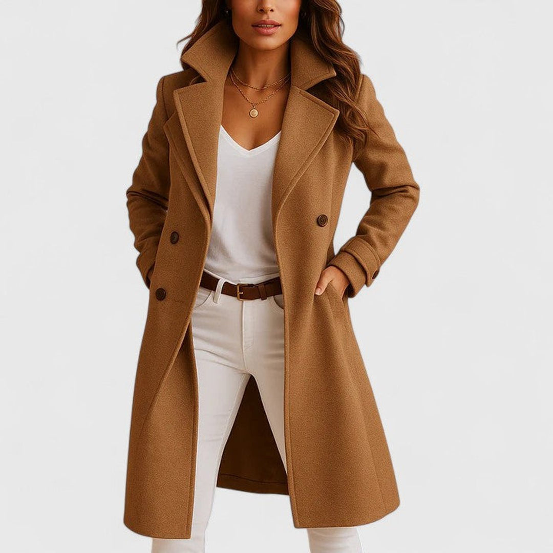 Camel long coat with notch lapel, button front, and side pockets