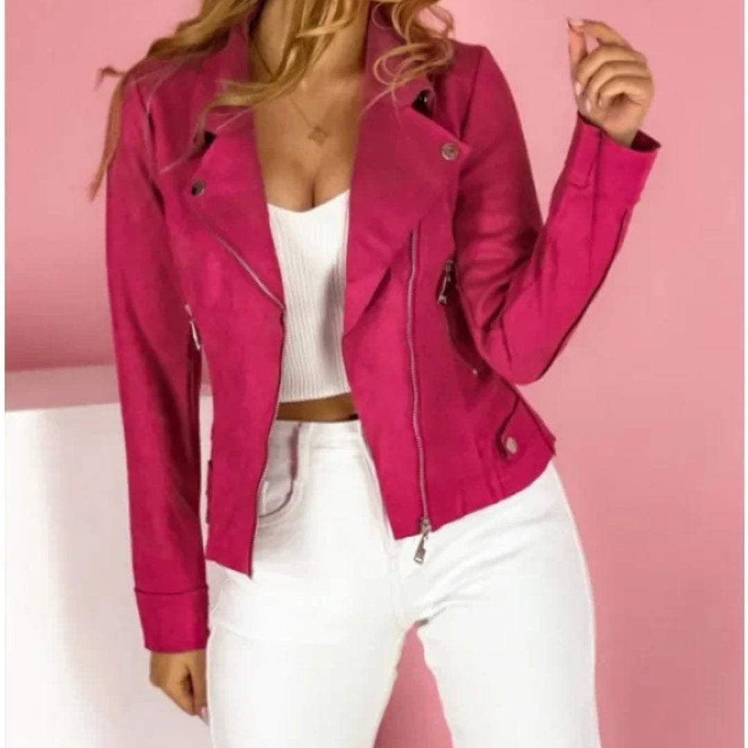 Fuchsia biker jacket with lapels, zip pockets, and silver zipper details