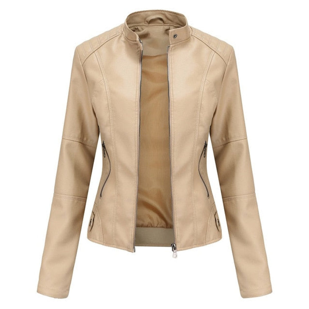 Beige stand-collar zip jacket with long sleeves, angled seams, and side zipper pockets