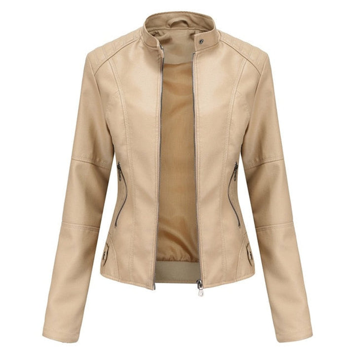 Beige stand-collar zip jacket with long sleeves, angled seams, and side zipper pockets