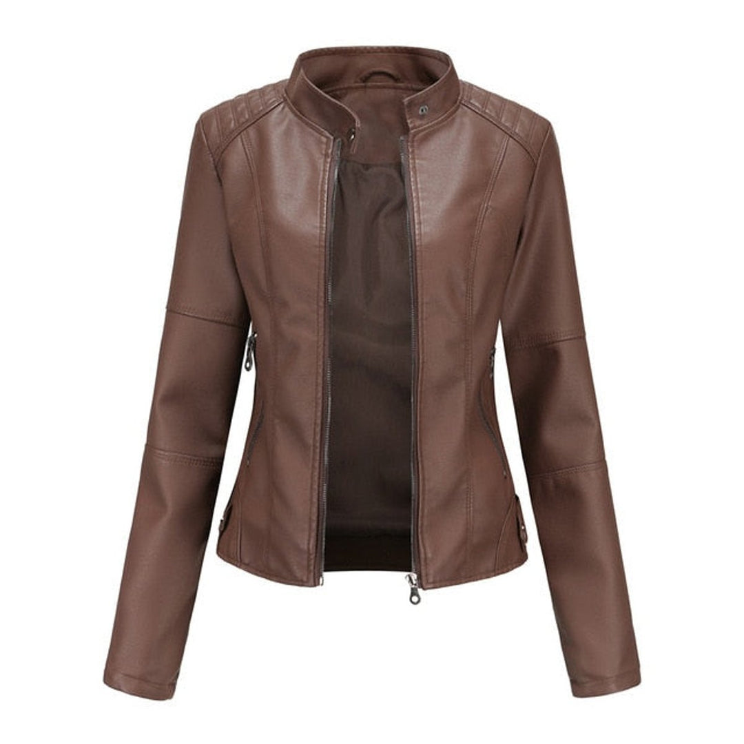Brown stand-collar zip jacket with long sleeves, seam panels, and side zipper pockets