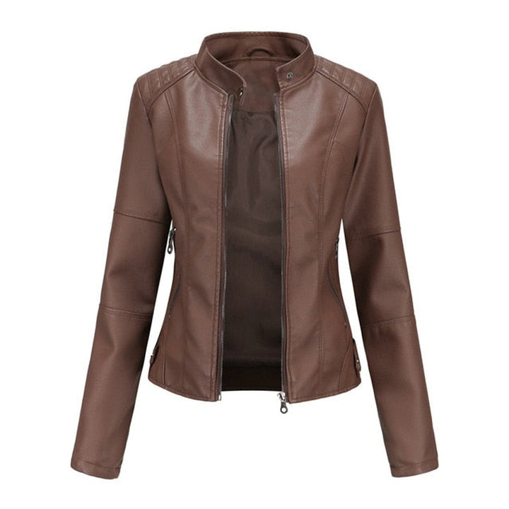 Brown stand-collar zip jacket with long sleeves, seam panels, and side zipper pockets