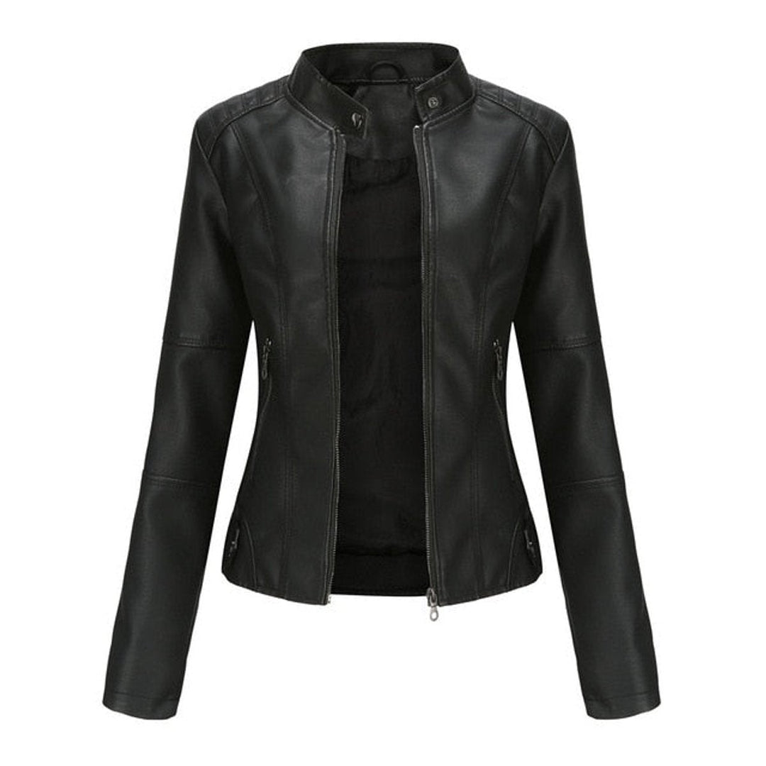 Black stand-collar zip jacket with long sleeves and side zipper pockets
