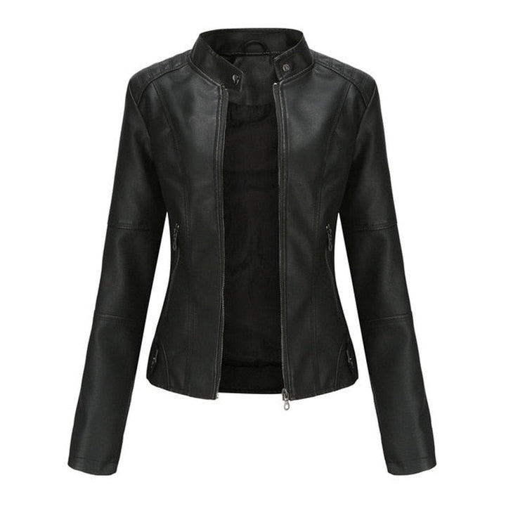 Black stand-collar zip jacket with long sleeves and side zipper pockets