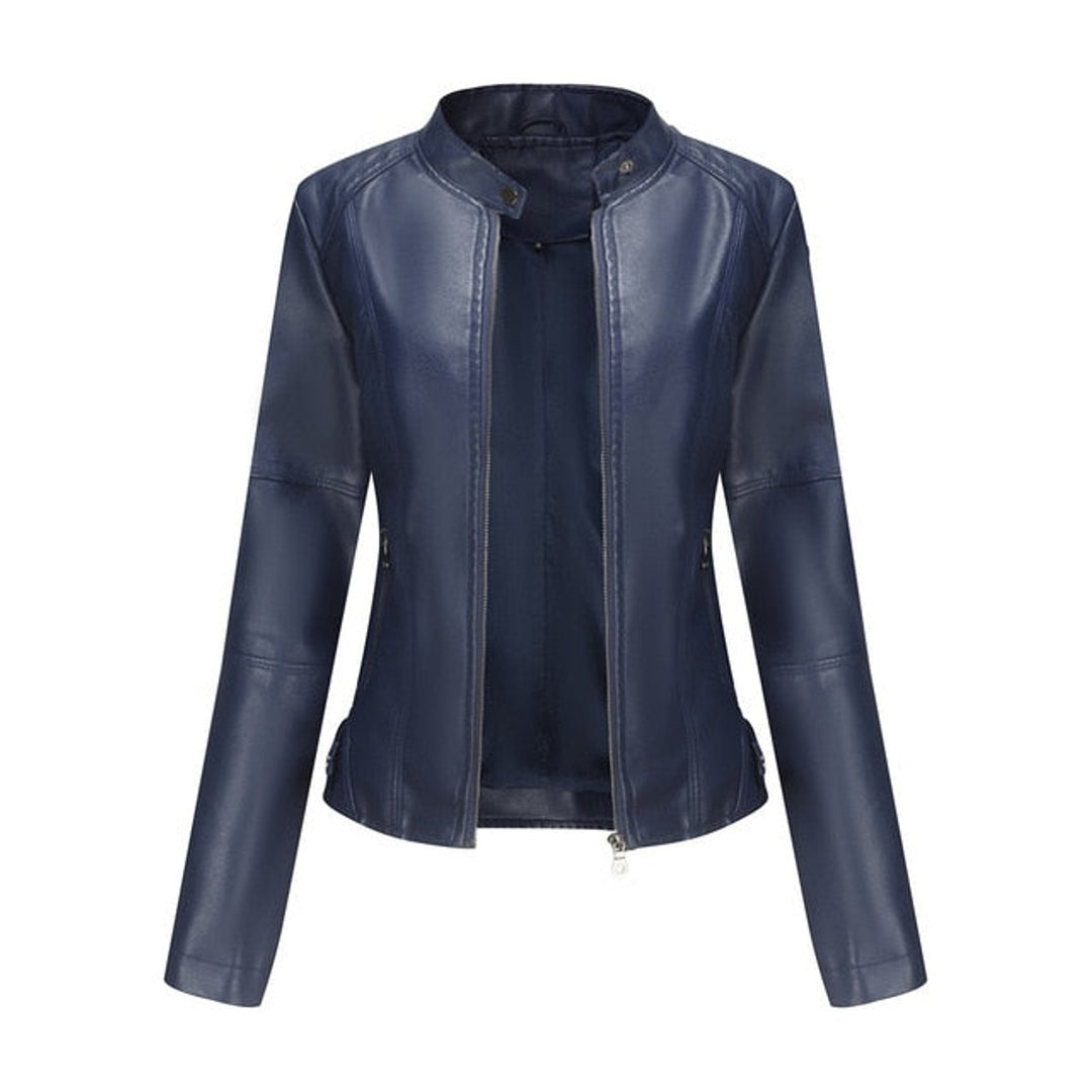 Blue stand-collar zip jacket with long sleeves and seam panels