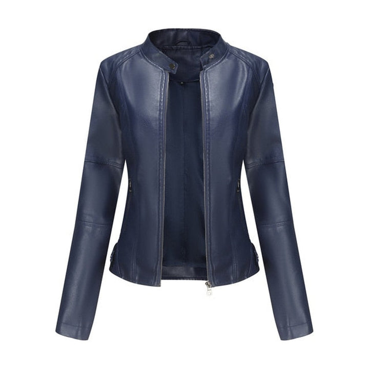 Blue stand-collar zip jacket with long sleeves and seam panels