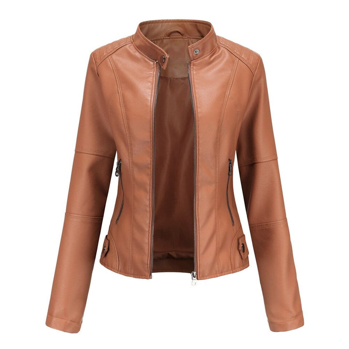 Rust stand-collar zip jacket with long sleeves and side zipper pockets
