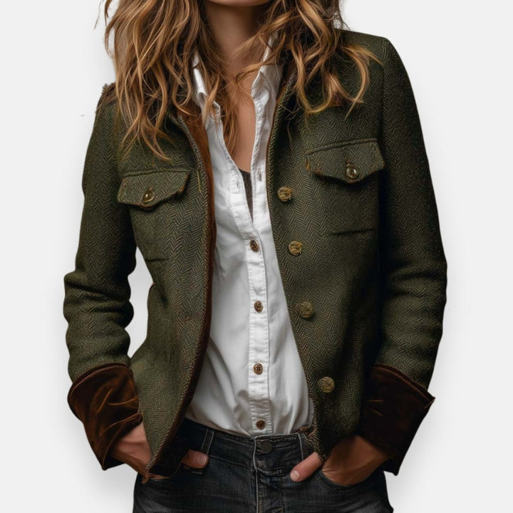 Olive herringbone military jacket with chest flap pockets and brass button front