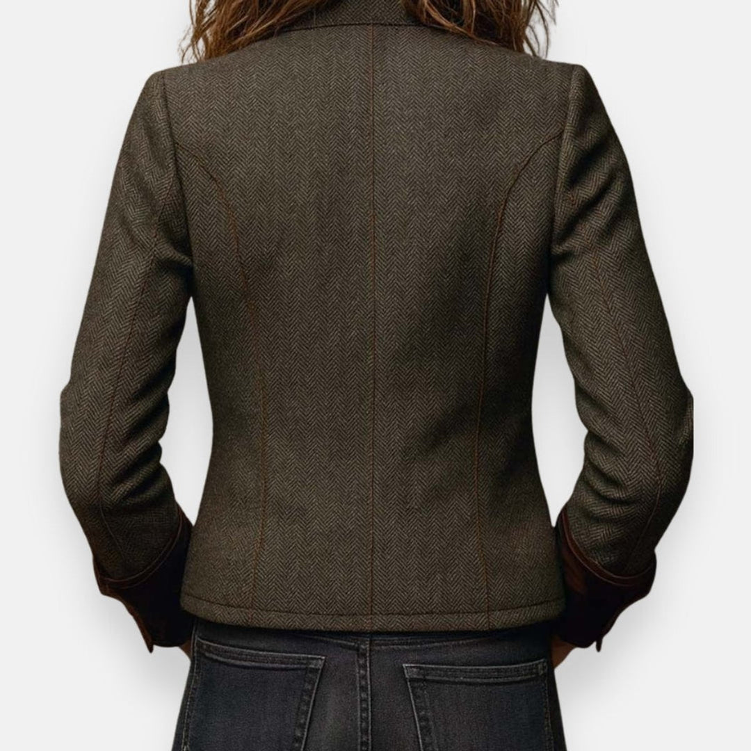 Olive herringbone military jacket back view with vertical seam detail