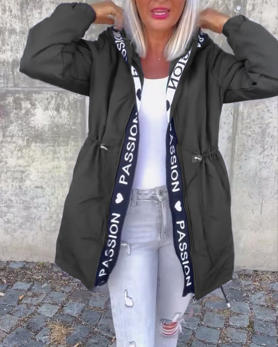 Adjustable hooded parka in black with front zipper and drawstring waist