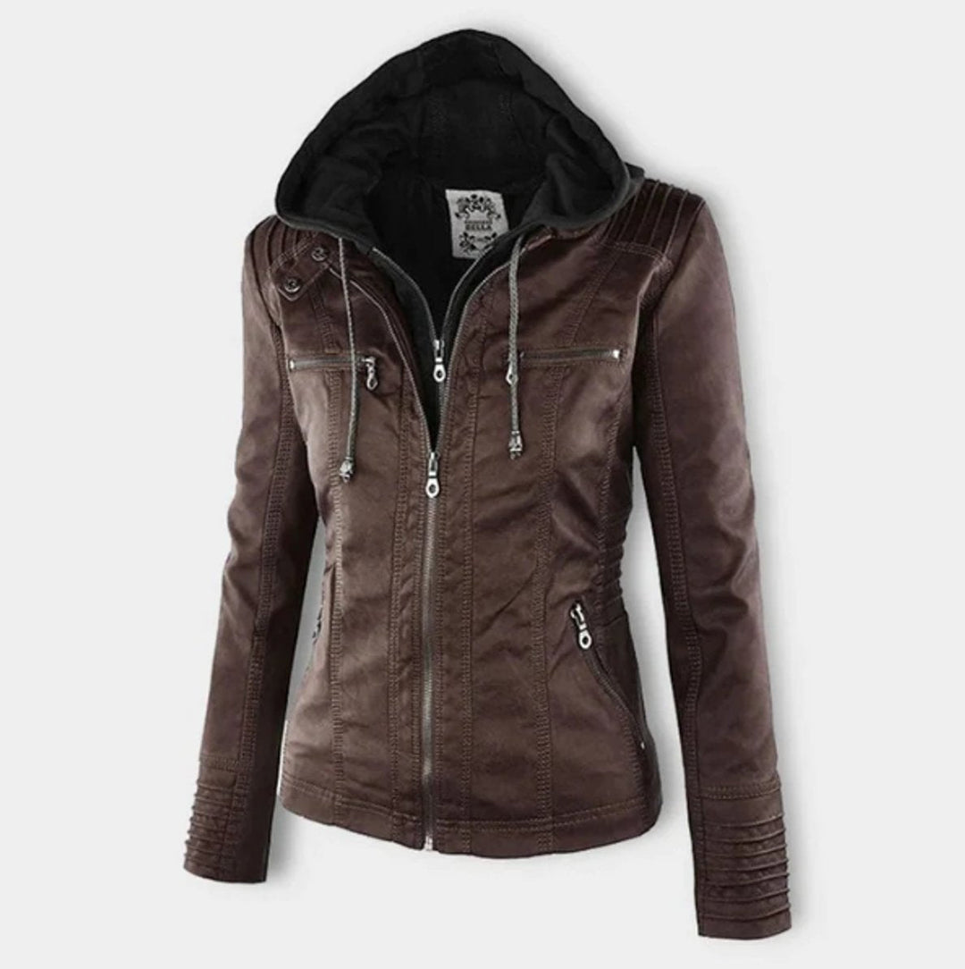 Brown biker jacket with hood, front zipper, drawstring, and zip front pockets