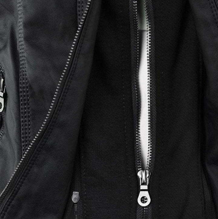 Black zip-up biker jacket front detail with metal zipper pull