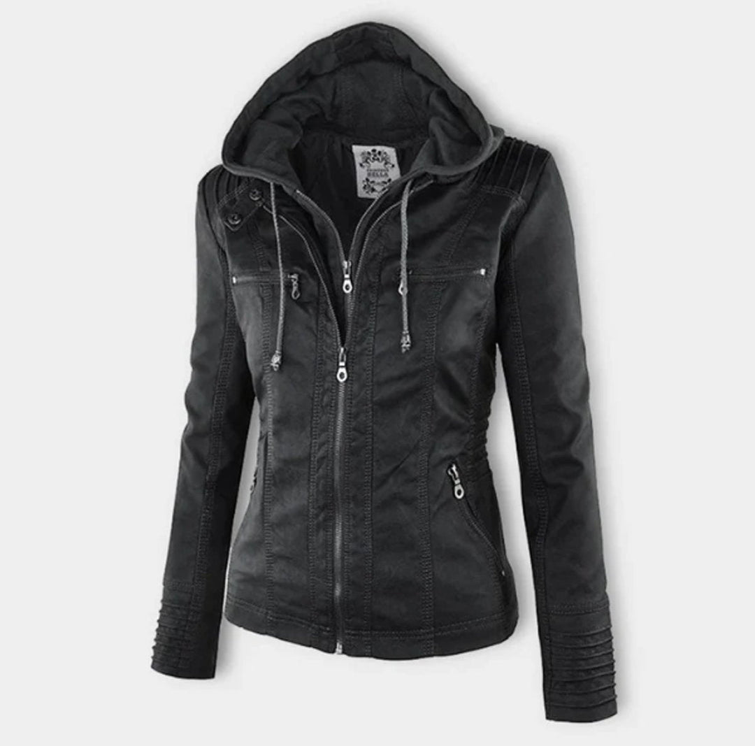 Black biker jacket with hood, front zipper, drawstring, and zip front pockets