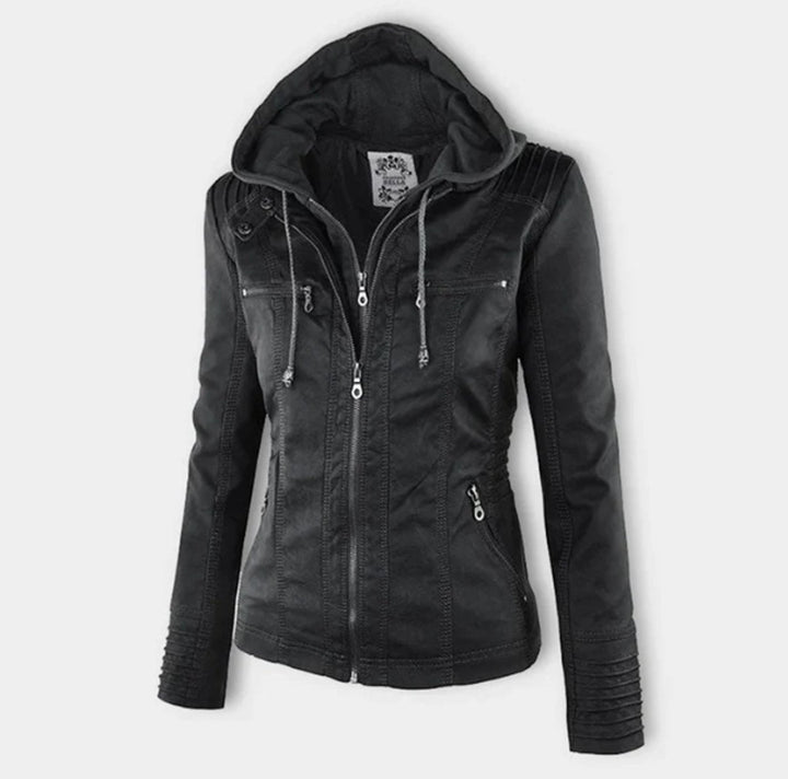 Black biker jacket with hood, front zipper, drawstring, and zip front pockets
