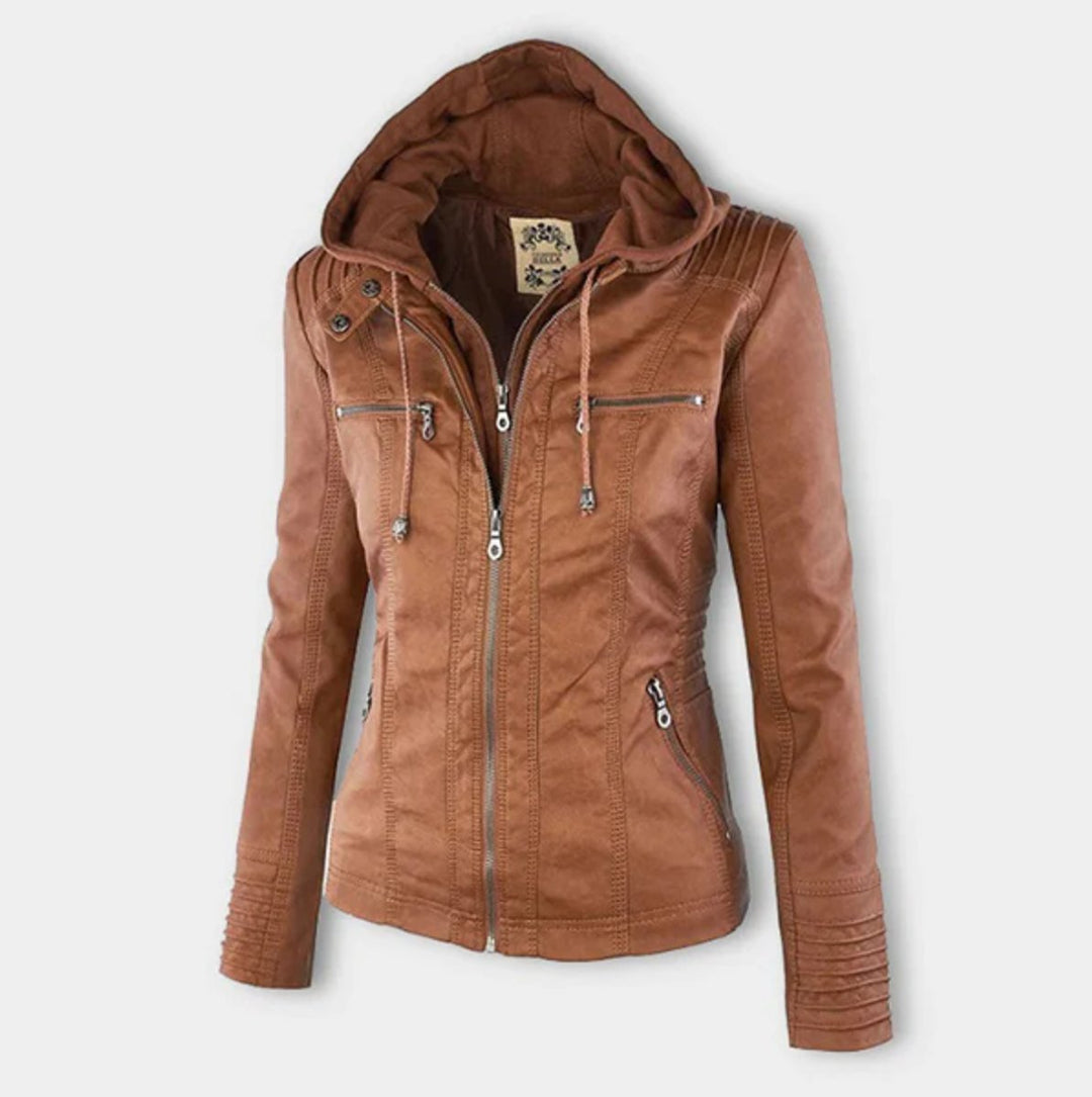Tan-brown biker jacket with hood, front zipper, drawstring, and zip front pockets